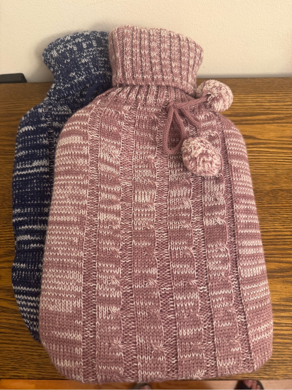 Set of 2 Knit Hot Water Bottles with Covers – Cozy Cable Stitch Pink & Navy NWT